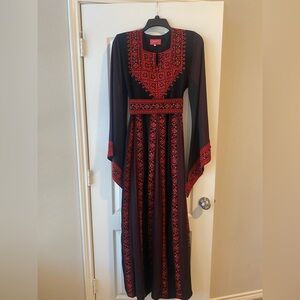Elegant Palestinian thobe Black and Red Embroidered Dress